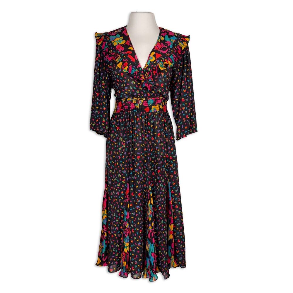 Vintage 80s 90s Colorful Floral Confetti Ruffle Maxi Dress Sheer Medium